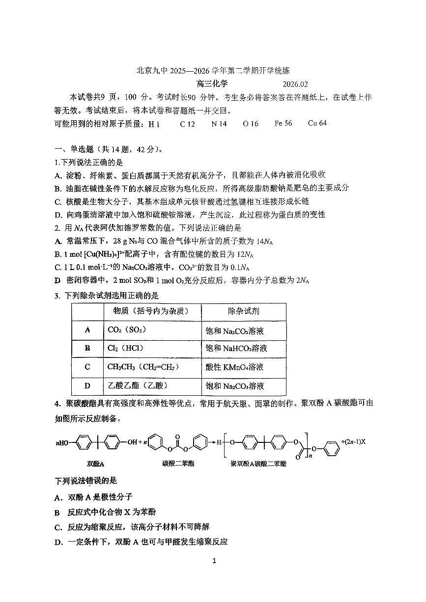 2026北京九中高三（下）开学考化学试卷第1页