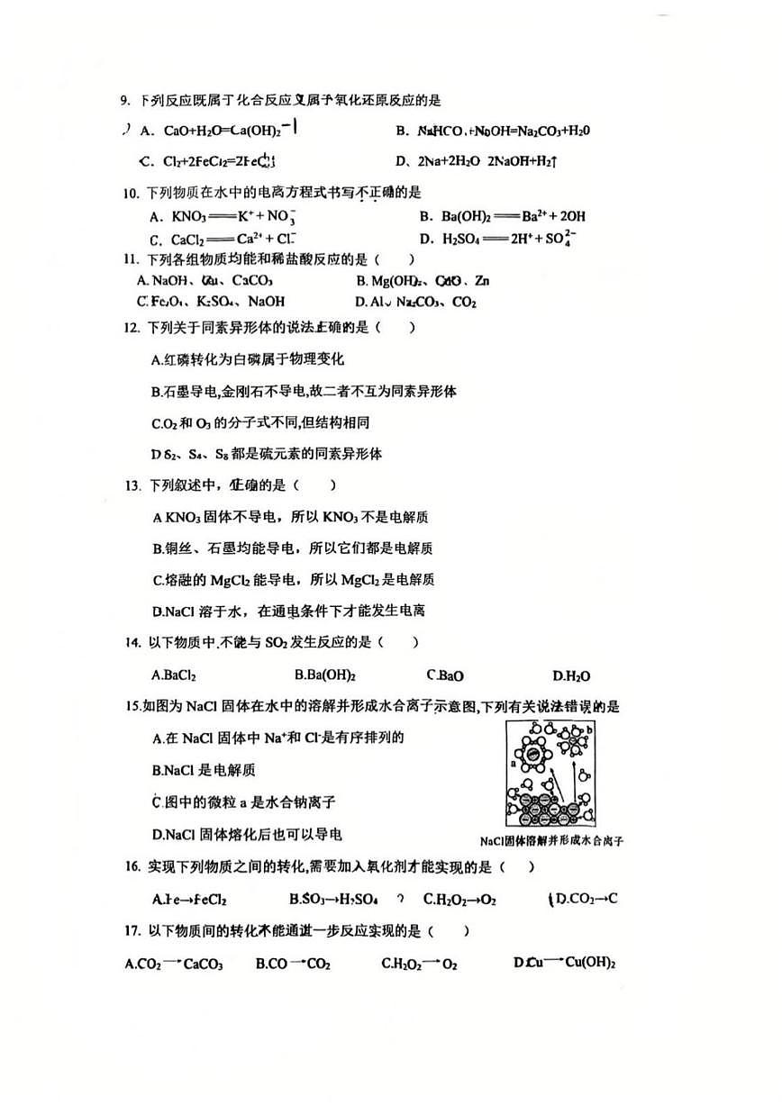 北京市牛栏山第一中学板桥学校2025-2026学年高一上学期月考化学试卷（无答案）第2页