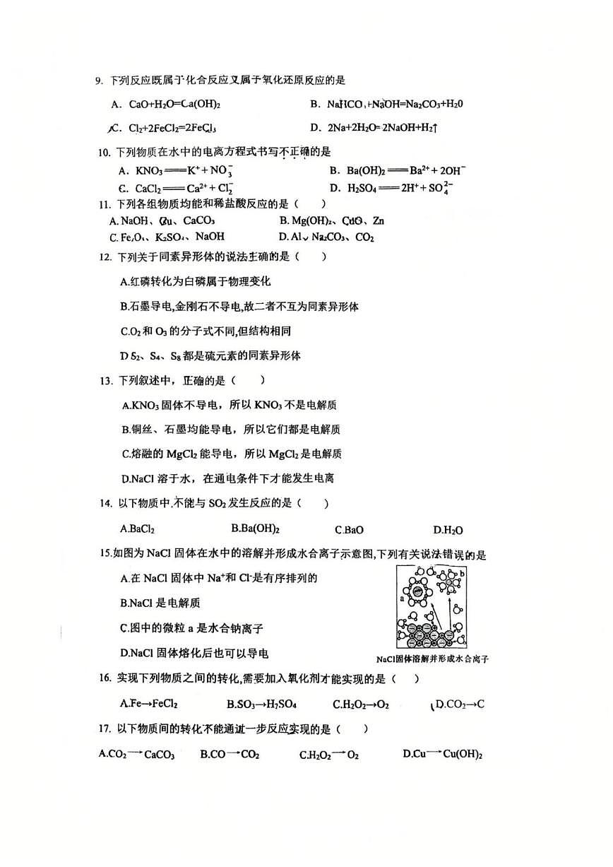 北京市牛栏山第一中学板桥学校2025-2026学年高一上学期月考化学试卷（无答案）第3页