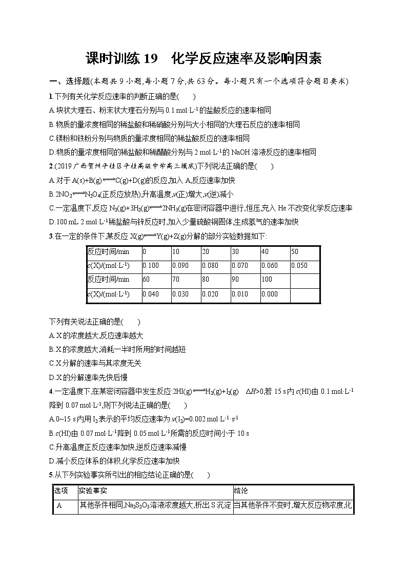 2020人教版高考化学大一轮复习课时训练19 化学反应速率及影响因素01