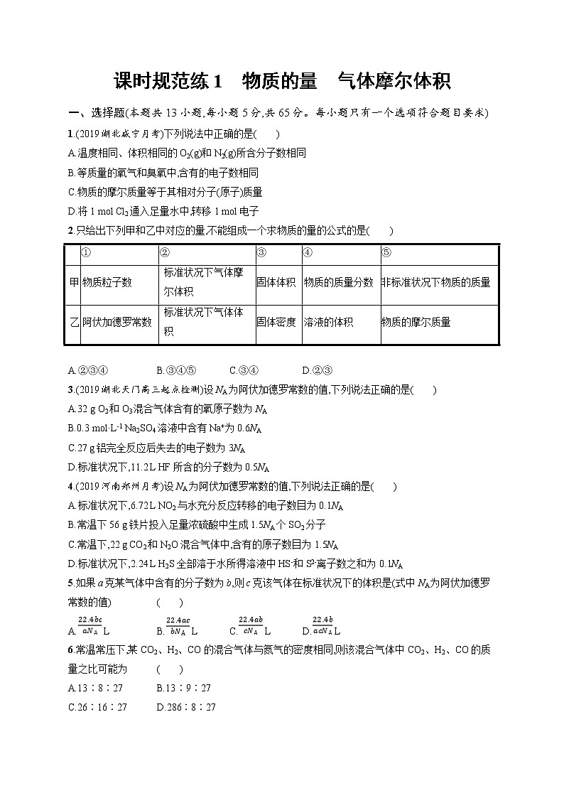 2020人教版高考化学大一轮复习课时训练1 物质的量 气体摩尔体积01