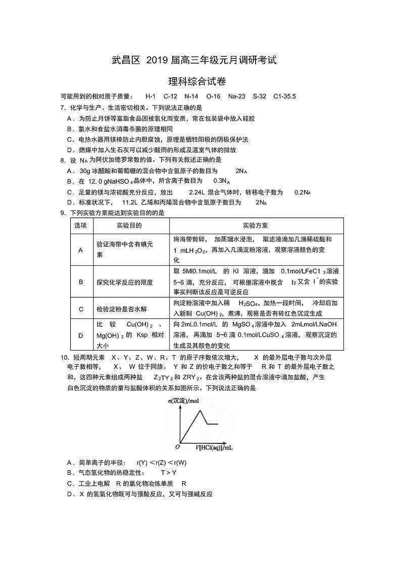 湖北省武汉市武昌区2019届高三元月调研考试理综(化学部分)第1页