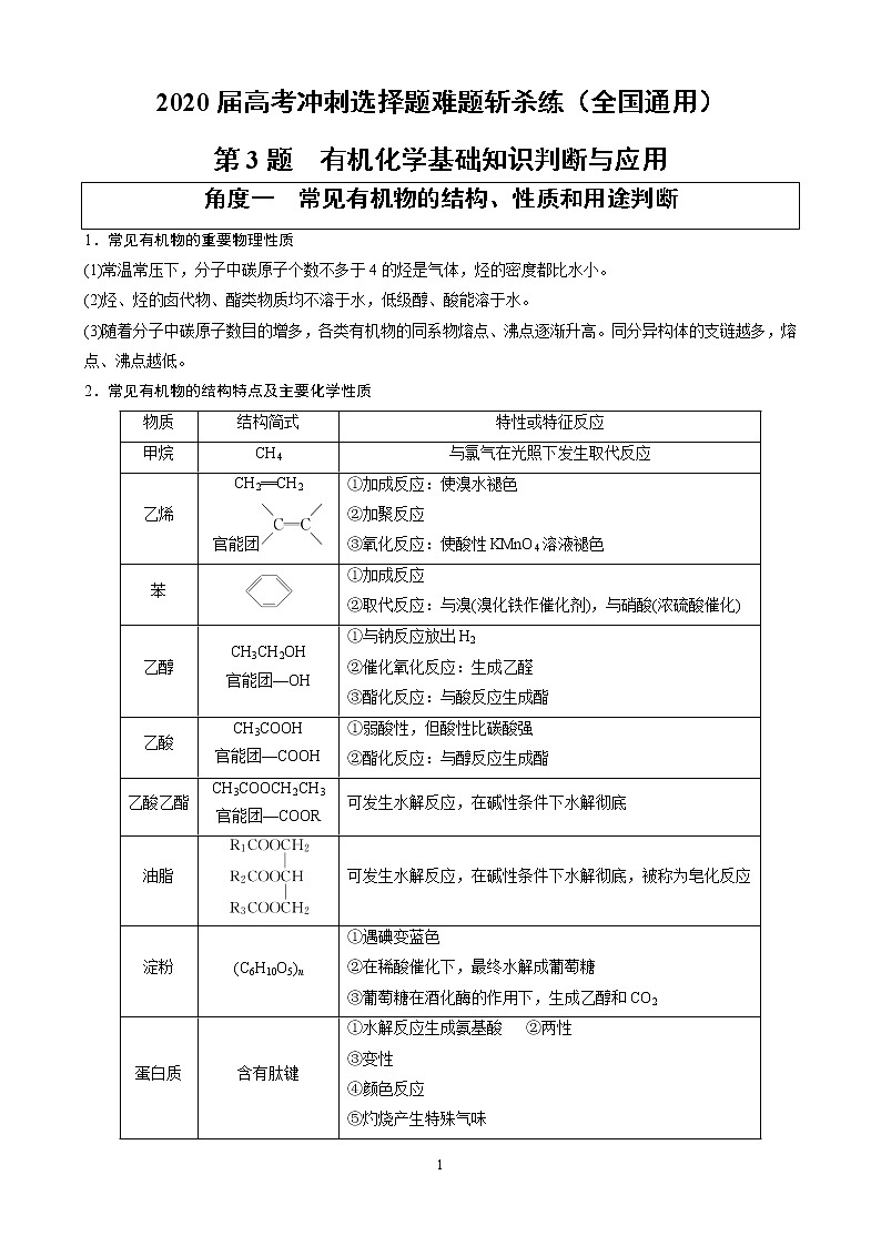 2020届高考冲刺化学选择题难题三轮冲刺练（全国通用）—第3题：有机化学基础知识判断与应用【含解析】01