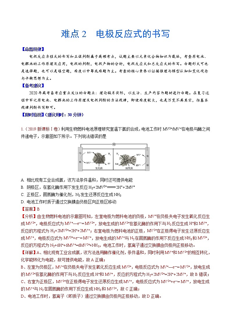 2020年化学高考难点专练：难点2 电极反应式的书写01