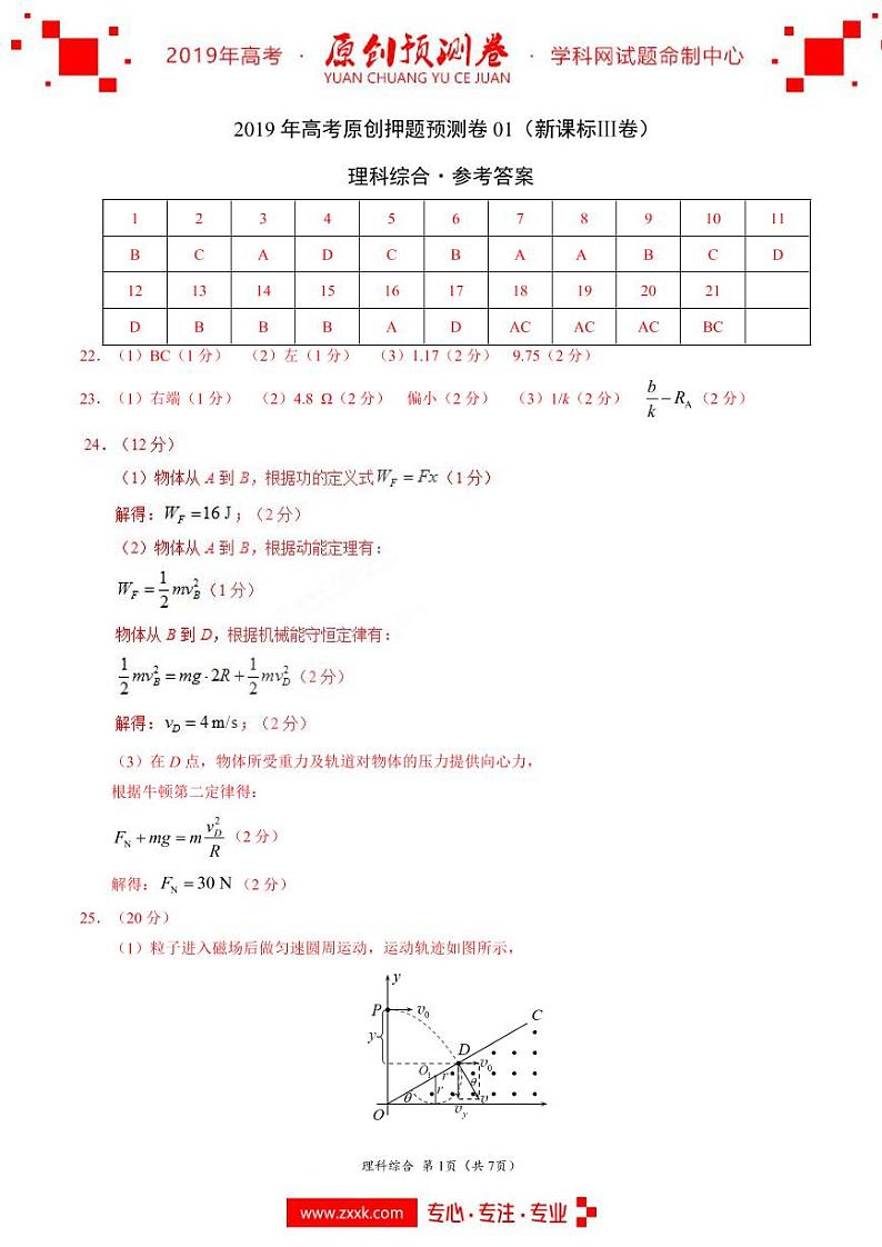 2019年高考理科综合原创押题预测卷 01（新课标Ⅲ卷）（参考答案）第1页