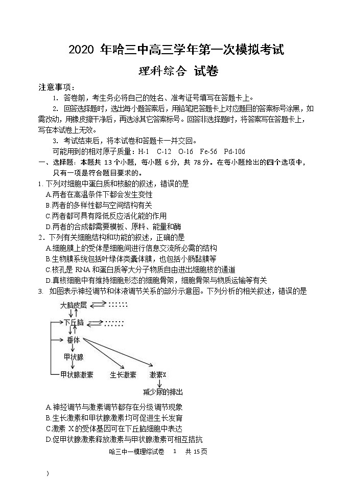 【理综】2020哈三中高三5月线上一模考试试卷第1页