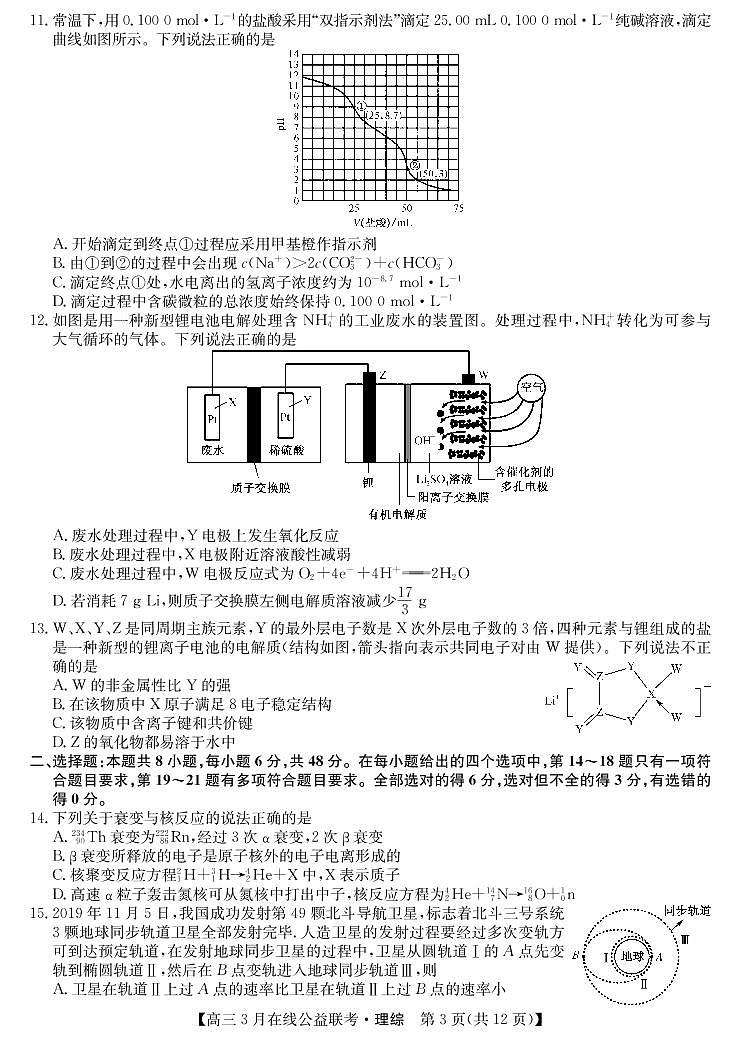 【理综】2020九师联盟3月公益联考（A4） 试卷03