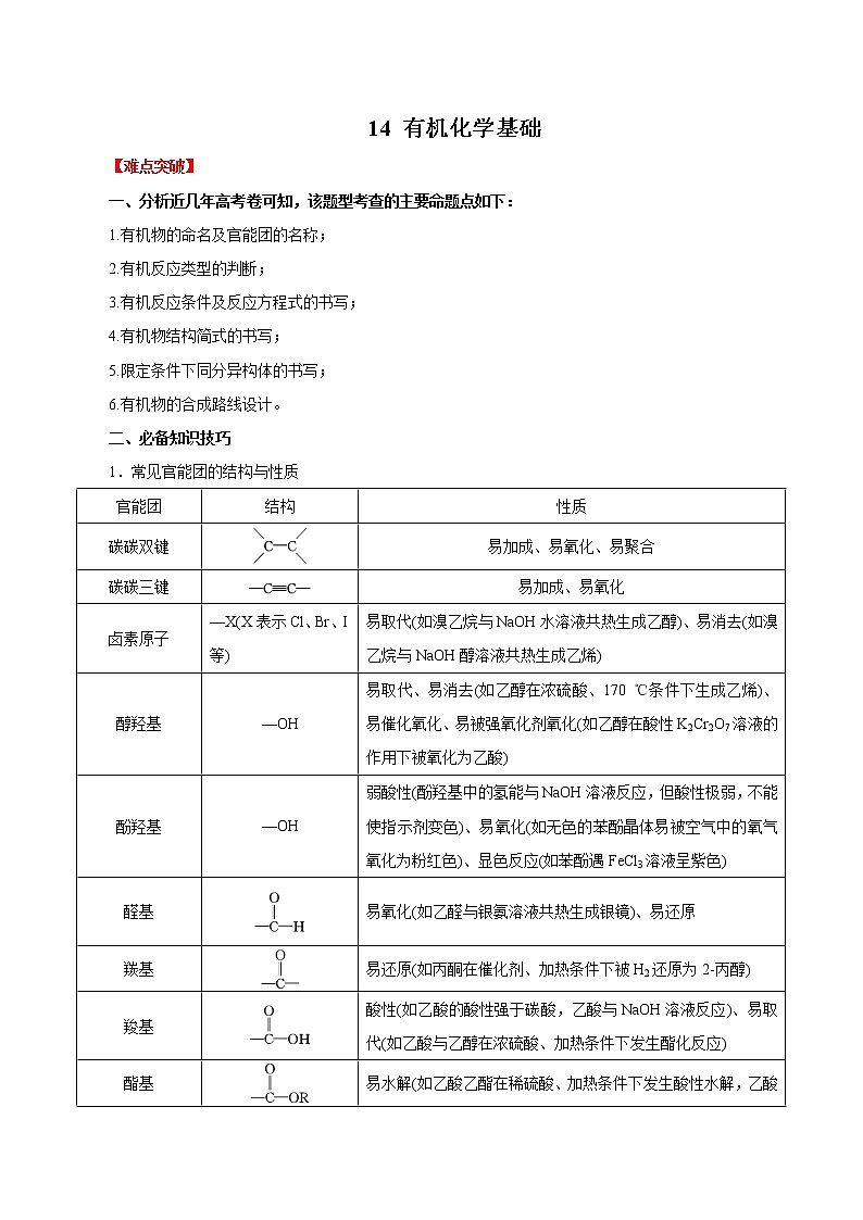 2020年高考化学三轮冲刺要点突破讲练 专题14 有机化学基础第1页