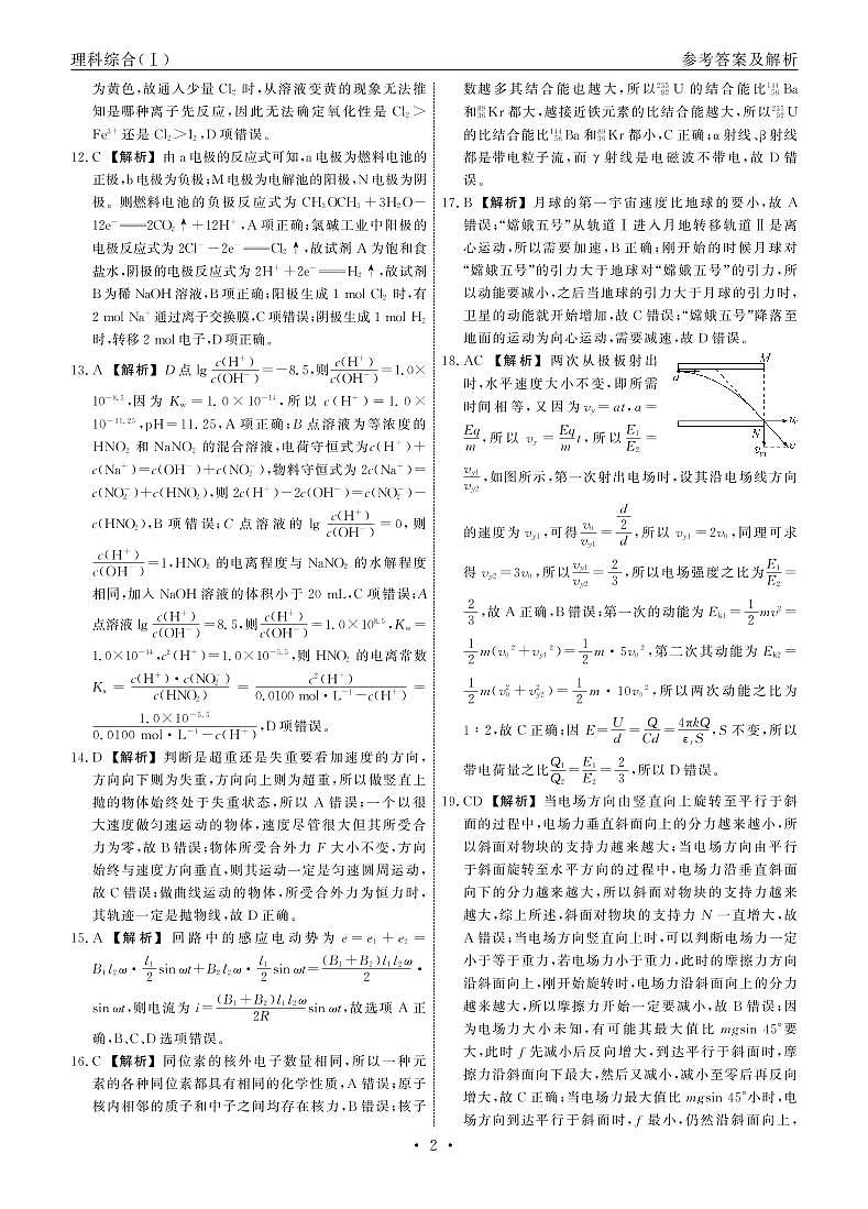 衡中同卷2019-2020押题卷Ⅰ理综试卷答案共三套_1-8第2页