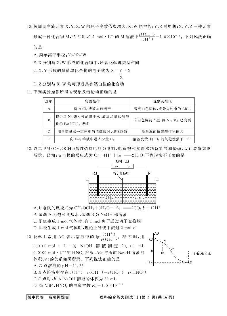 衡中同卷2019-2020押题卷Ⅰ理综试卷共三套_1-16第3页