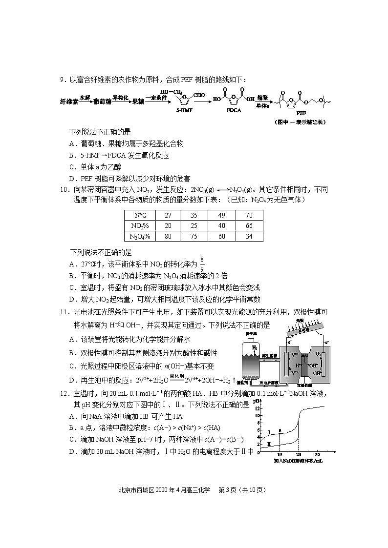 2020.4西城区高三统一测试化学试卷第3页