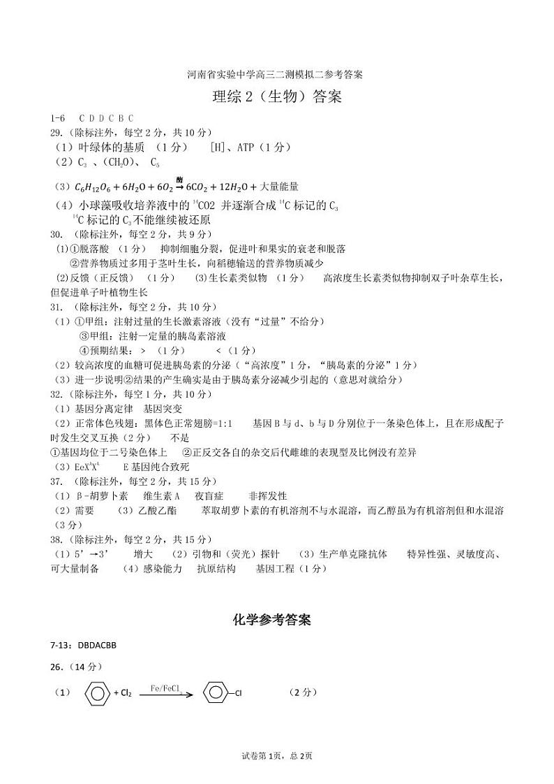 河南省实验中学2020高三年级二测模拟测试二理综含解析01