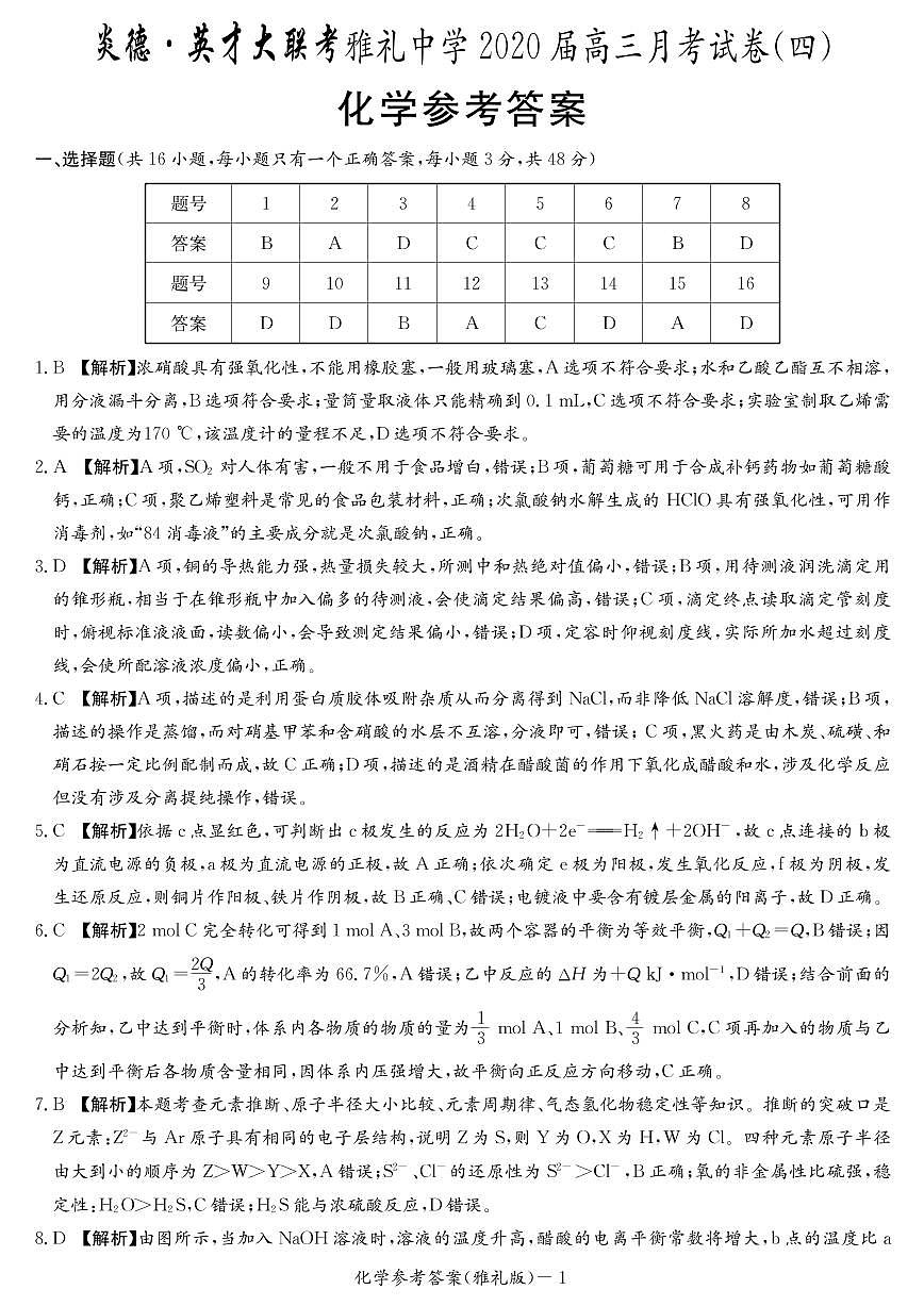 2020届雅礼中学高三第4次月考试卷-答案化学第1页