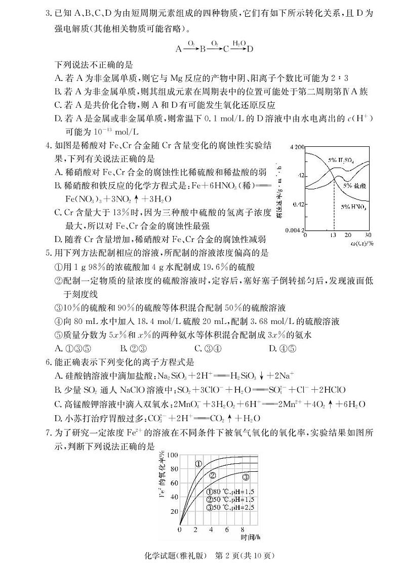 2020届雅礼中学高三第5次月考试卷（化学）第2页