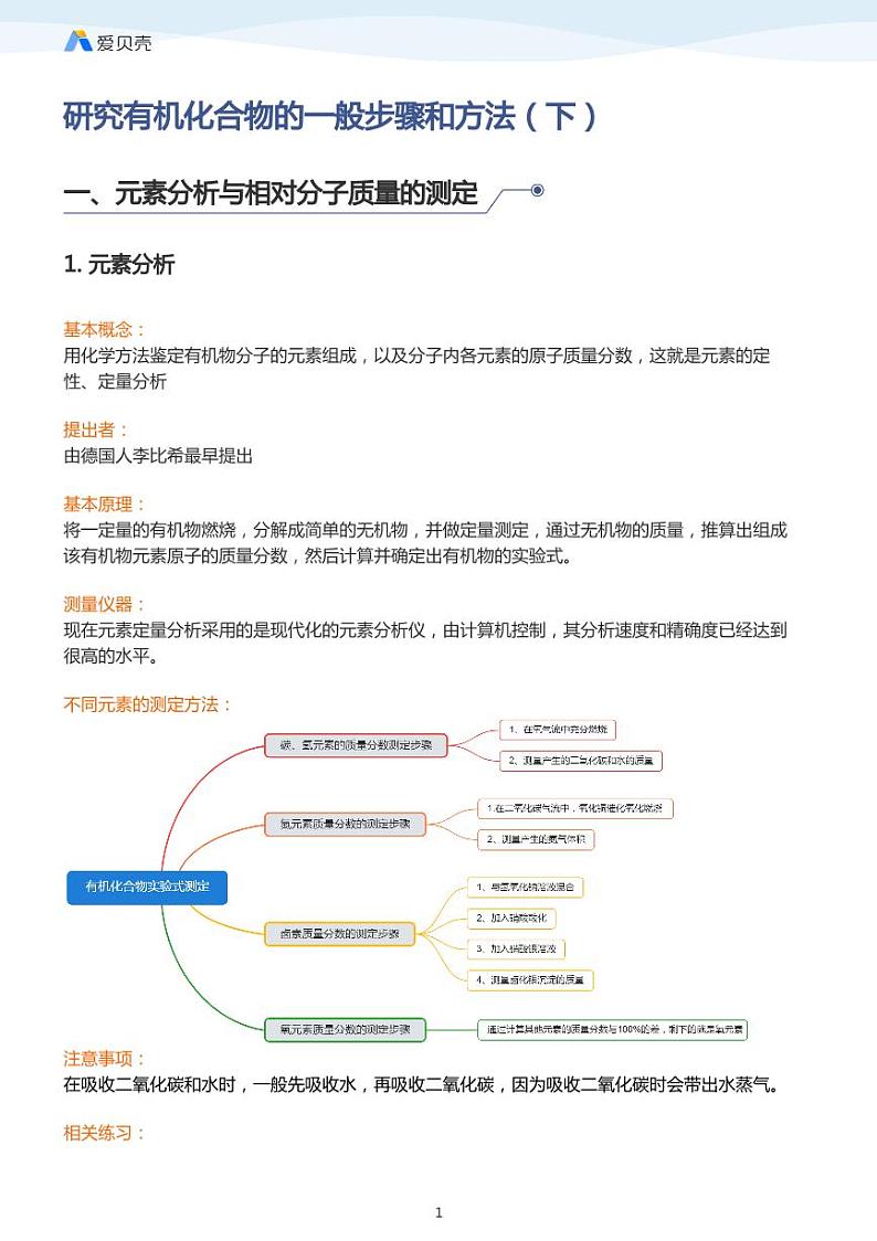 第1章第四节研究有机化合物的一般步骤和方法（下）教案 学生版第1页