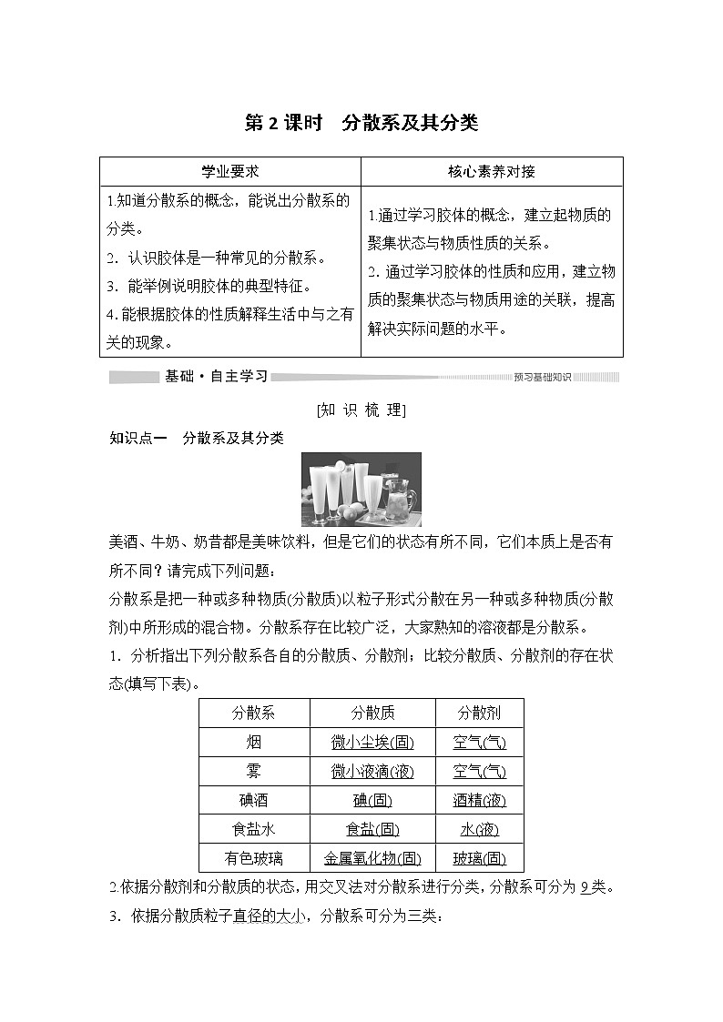 第1章 第一节 物质的分类及转化——第2课时 分散系及其分类 教案01