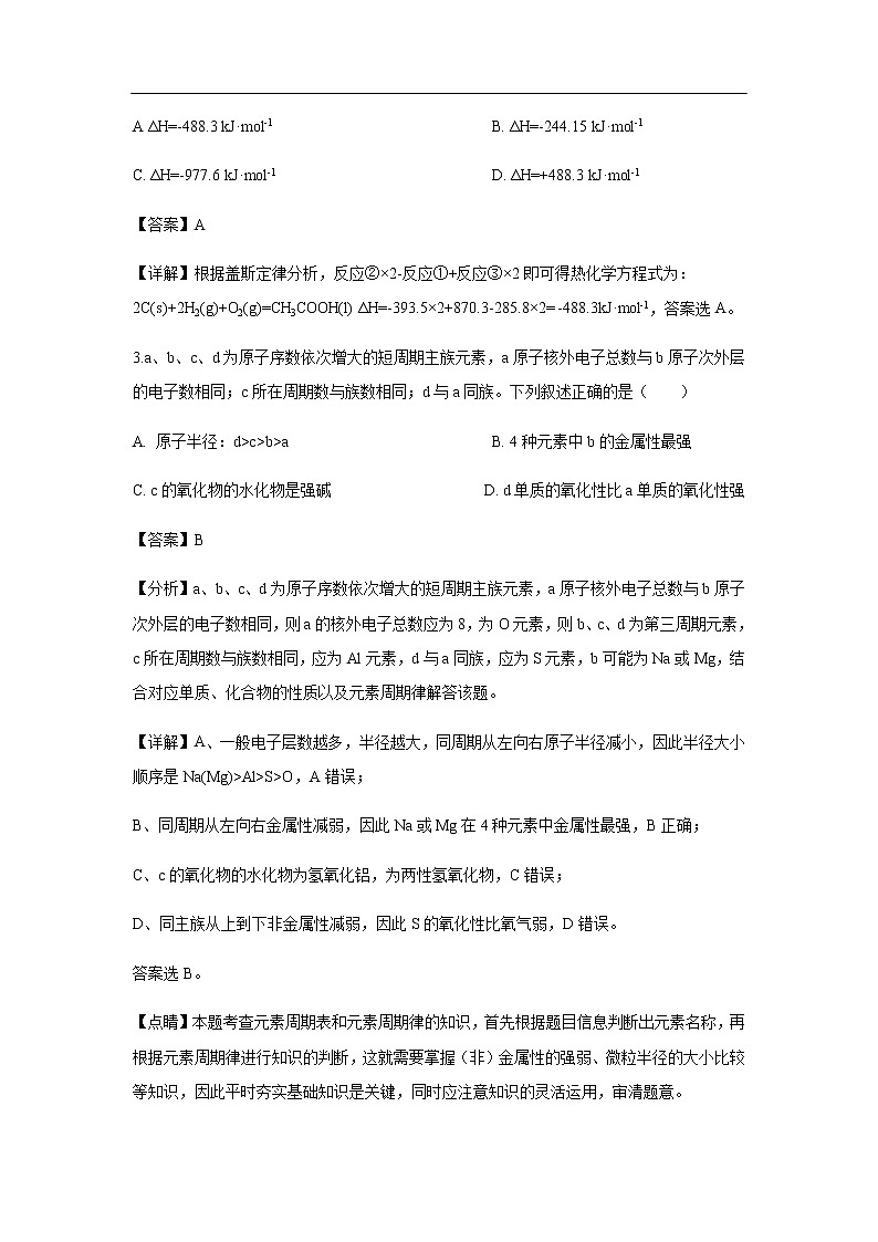 陕西省榆林市第二中学2020届高三第四次模拟考试化学（解析版）02
