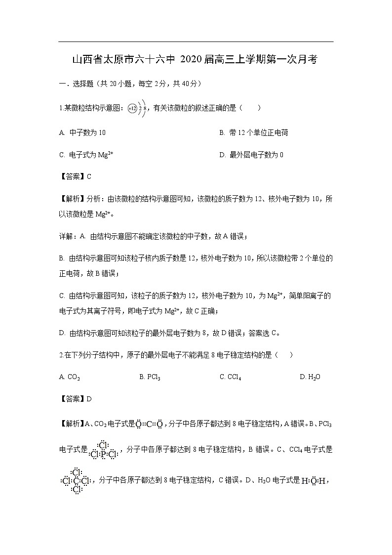 山西省太原市六十六中2020届高三上学期第一次月考（解析版）第1页
