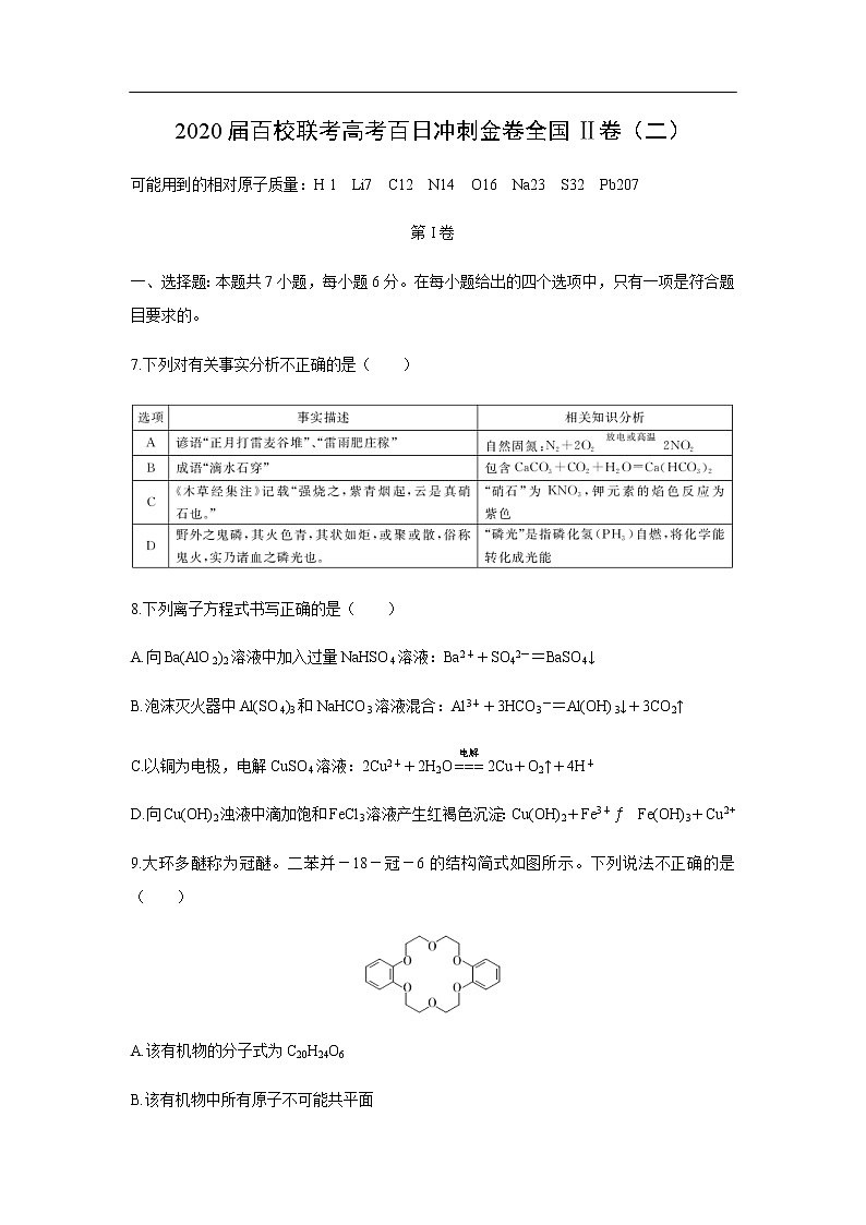 2020届百校联考高考百日冲刺金卷化学全国Ⅱ卷化学（二）第1页