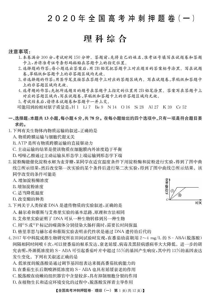 2020年高考冲刺押题卷理综01