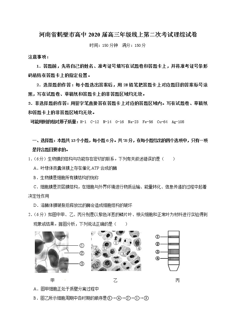 2020届-河南省鹤壁市高级中学-高三下学期线上第二次模拟考试 理科综合(word)01
