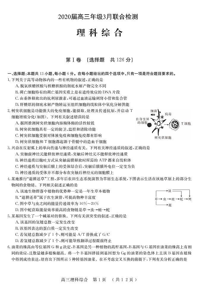2020届-河南省六市重点高中-高三年级3月联合检测理科综合试题(pdf)01
