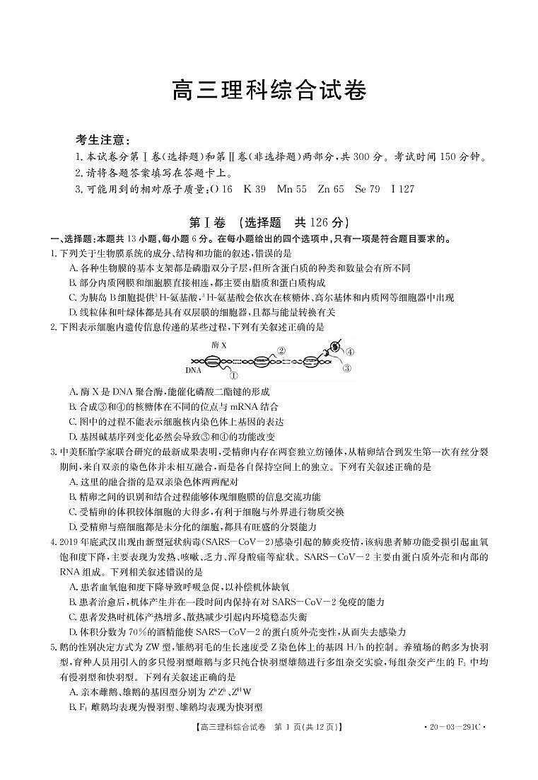 五岳（湖南、河南、江西）2020届高三3月线上联考 理科综合（PDF版）第1页