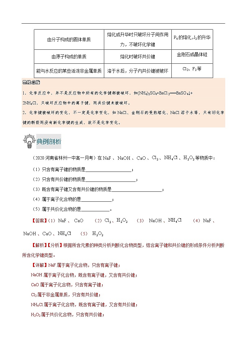 重难点04 化学键类型与物质的类别、变化间的关系-2019-2020学年高一化学重难点探究（人教版必修二） 试卷03
