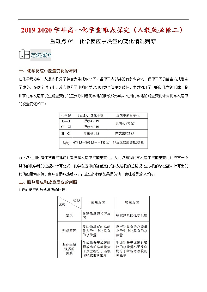 重难点05 化学反应中热量的变化情况判断-2019-2020学年高一化学重难点探究（人教版必修二） 试卷01