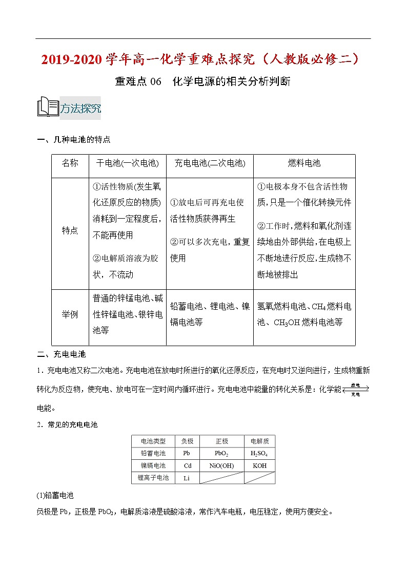 重难点07 化学电源的相关分析判断-2019-2020学年高一化学重难点探究（人教版必修二） 试卷01