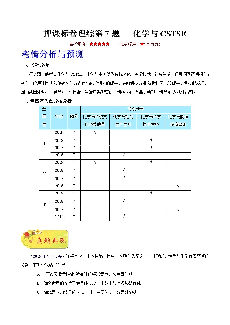 备战2020年高考化学临考题号押题 押课标卷理综第7题 化学与社会生产生活01