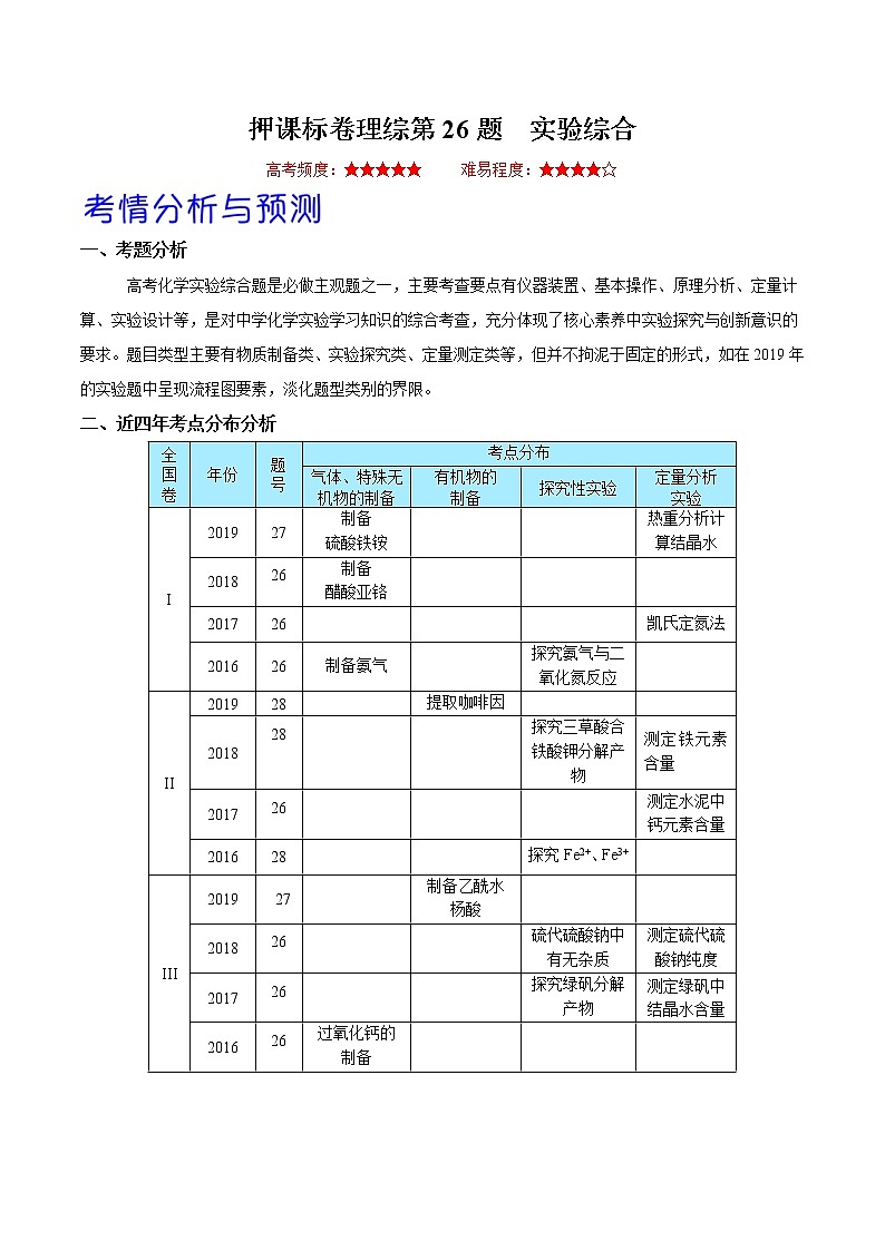 备战2020年高考化学临考题号押题 押课标卷理综第26题 实验综合01