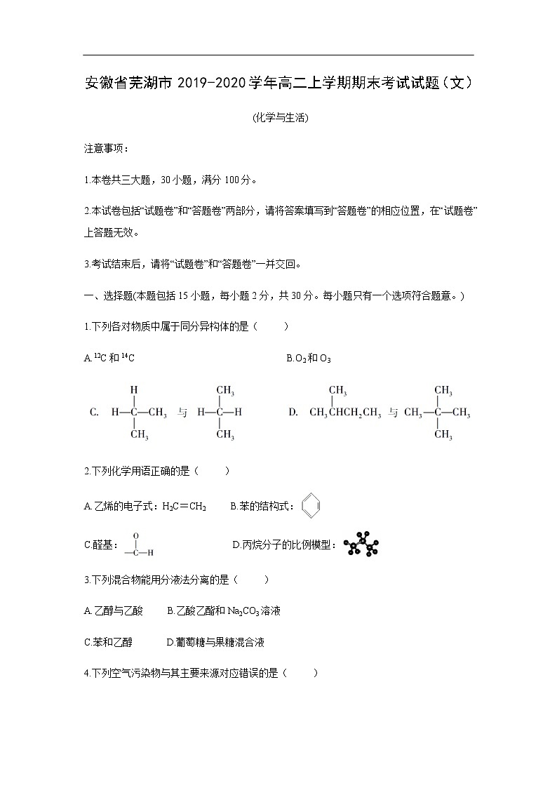 安徽省芜湖市2019-2020学年高二上学期期末考试化学试题化学（文）01