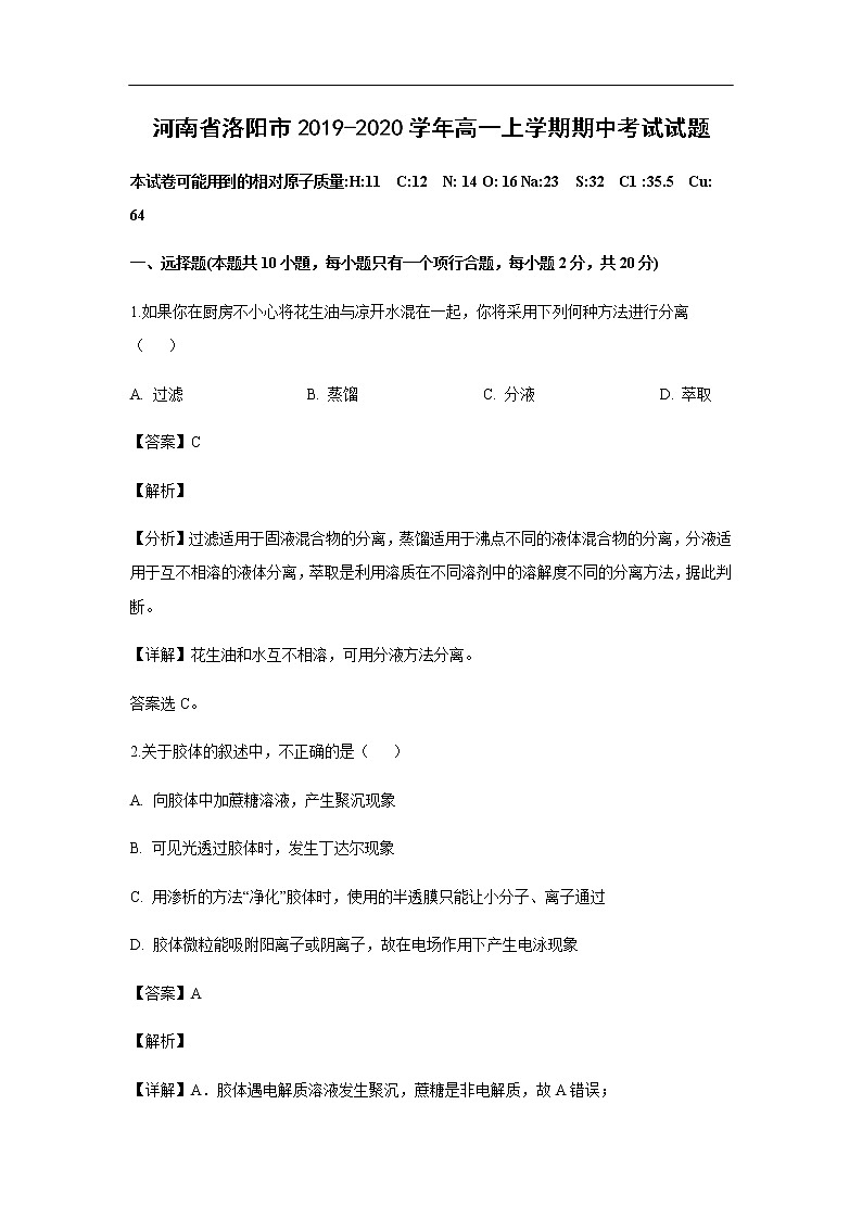 河南省洛阳市2019-2020学年高一上学期期中考试化学试题化学（解析版）01
