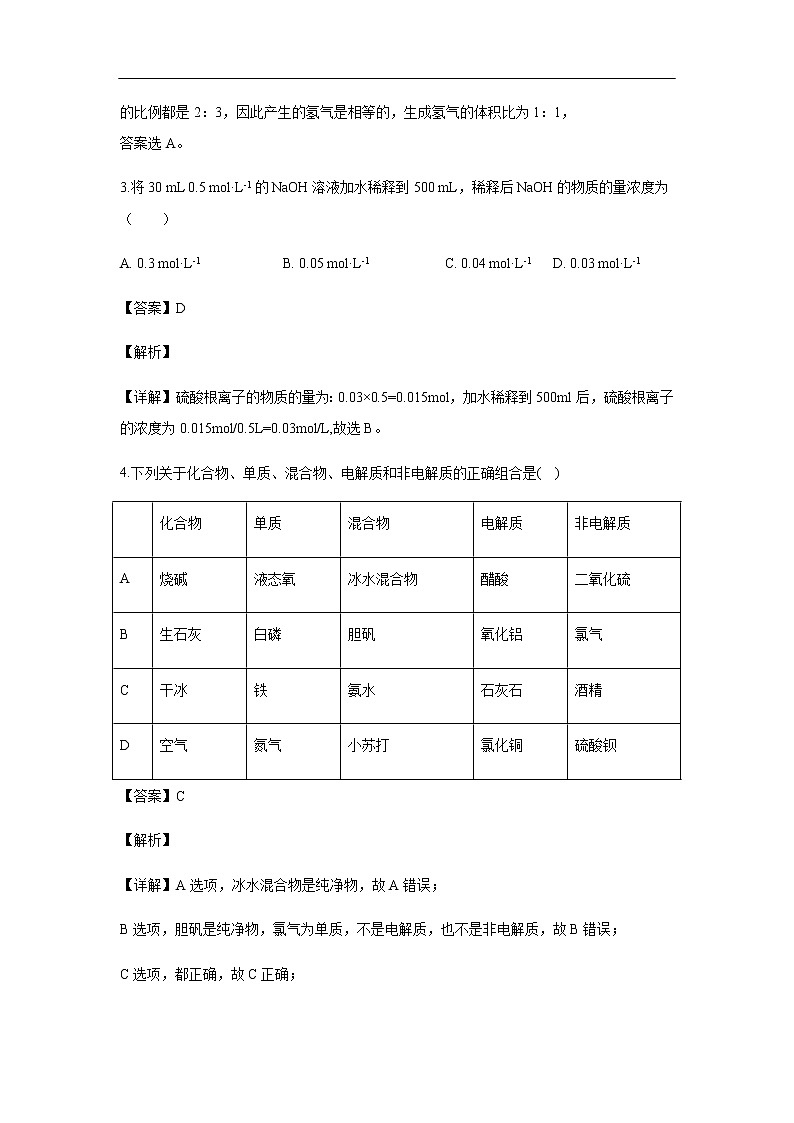 吉林省白城市第一中学2019-2020学年高一上学期期中考试化学试题化学（解析版）02