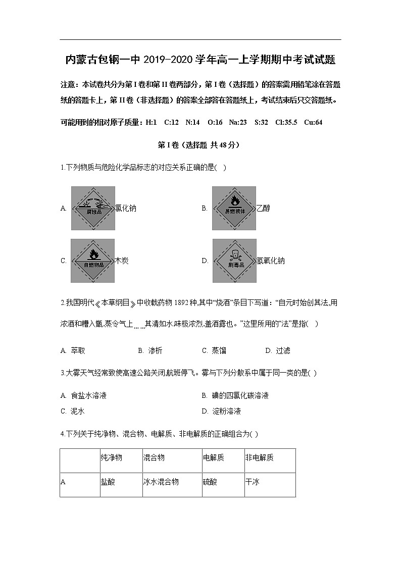 内蒙古包钢一中2019-2020学年高一上学期期中考试化学试题化学第1页
