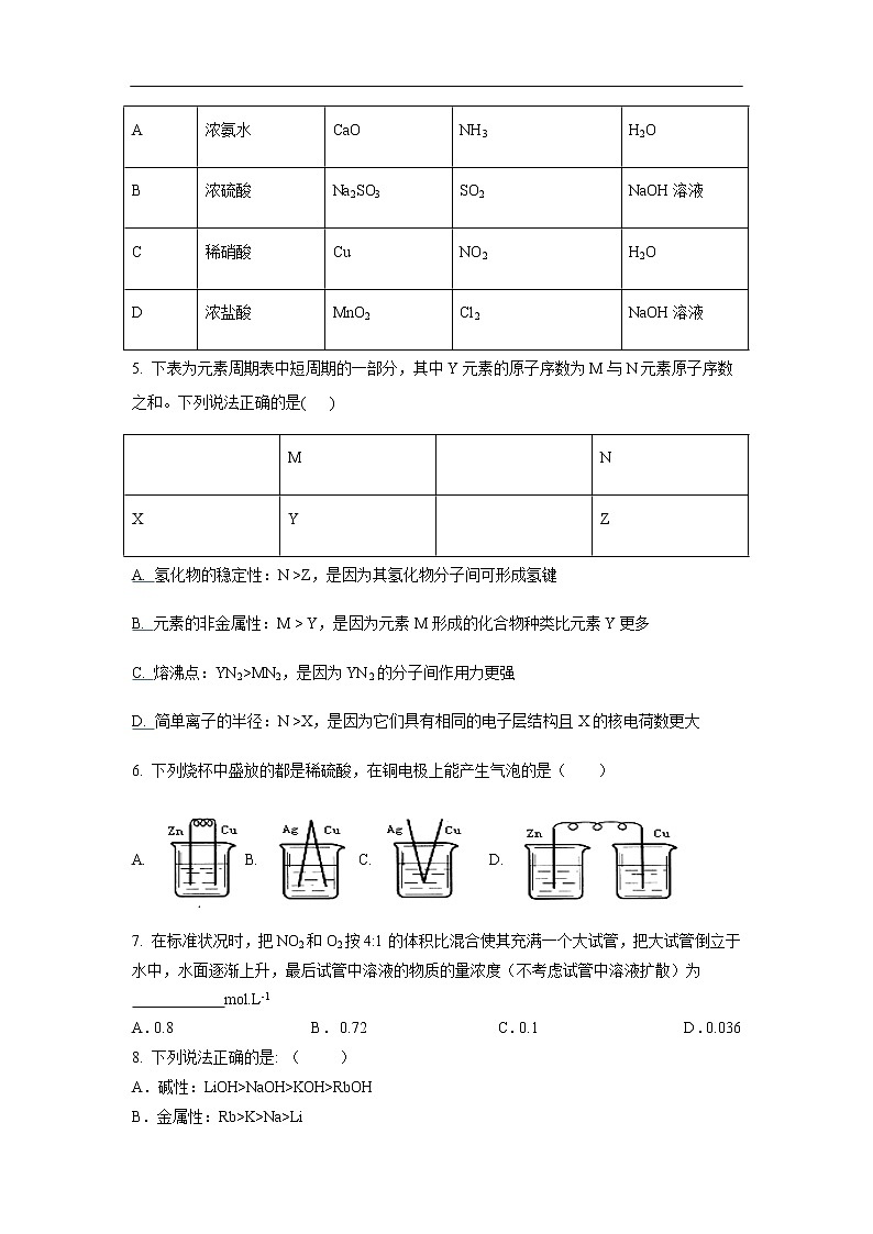 江西省新余一中2019-2020学年高一3月零班网上摸底考试化学试题化学02