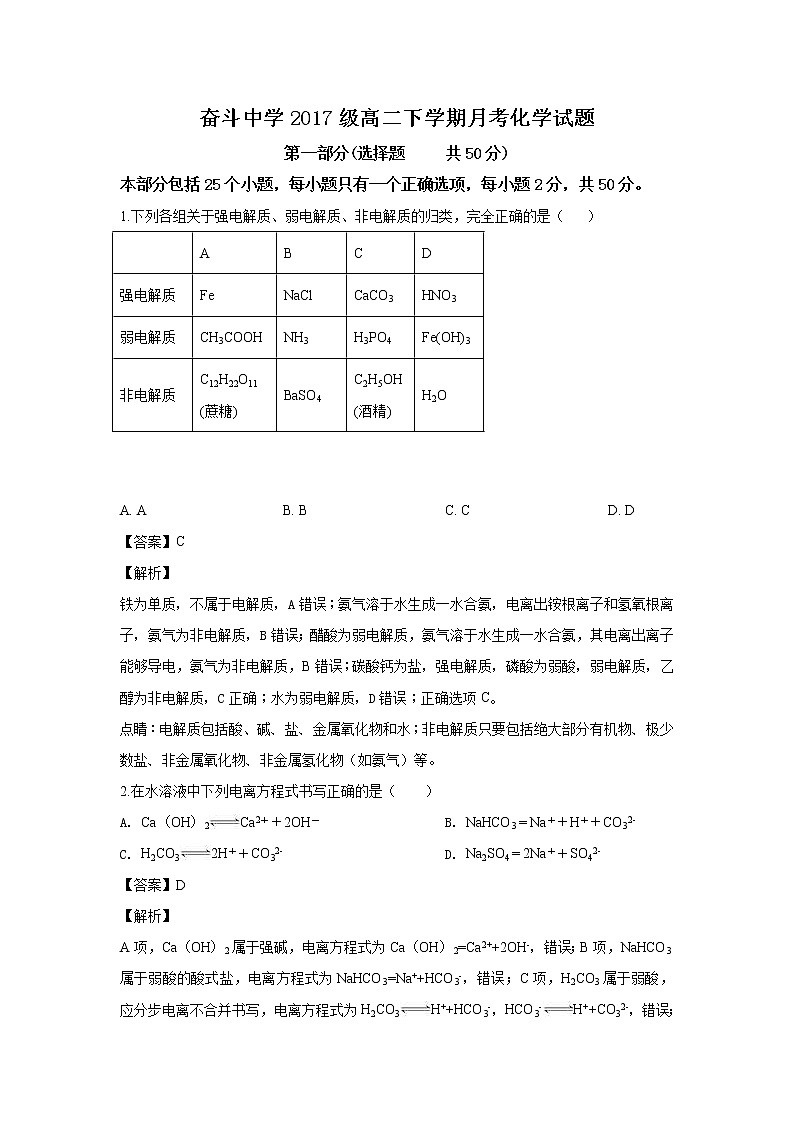 2018-2019学年内蒙古杭锦后旗奋斗中学高二下学期第一次月考化学试题 解析版01