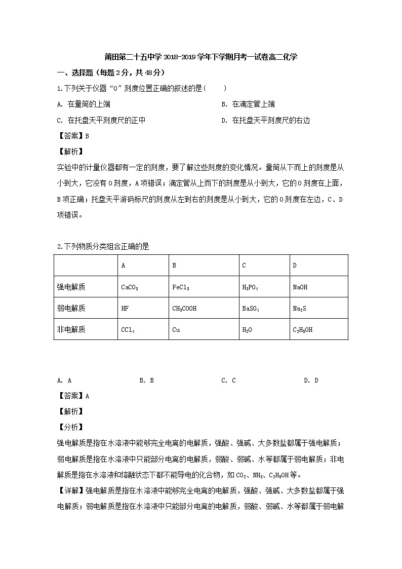 2018-2019学年福建省莆田市第二十五中学高二下学期第一次月考化学试题 解析版01