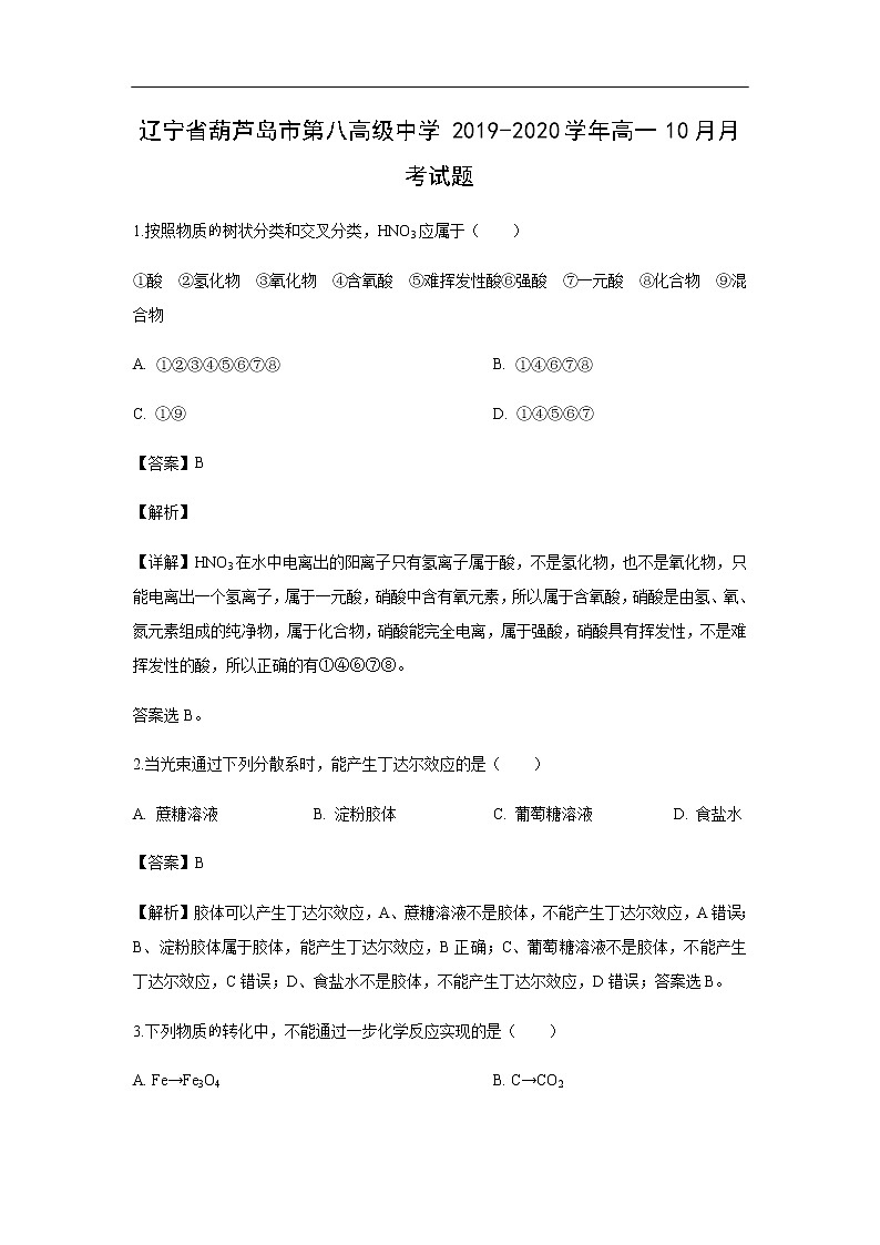 辽宁省葫芦岛市第八高级中学2019-2020学年高一10月月考试化学题化学（解析版）01