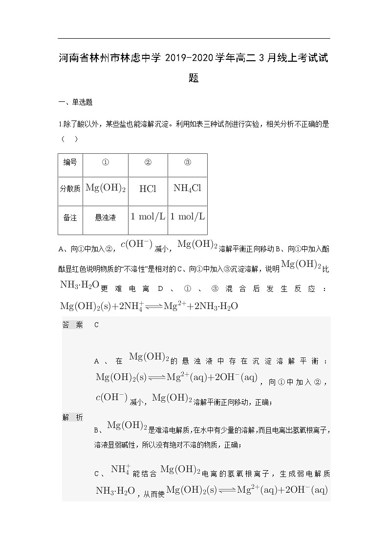 河南省林州市林虑中学2019-2020学年高二3月线上考试化学试题化学（解析版）01