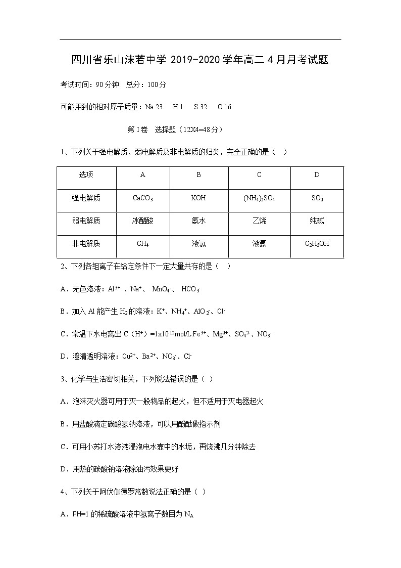 四川省乐山沫若中学2019-2020学年高二4月月考试题化学01
