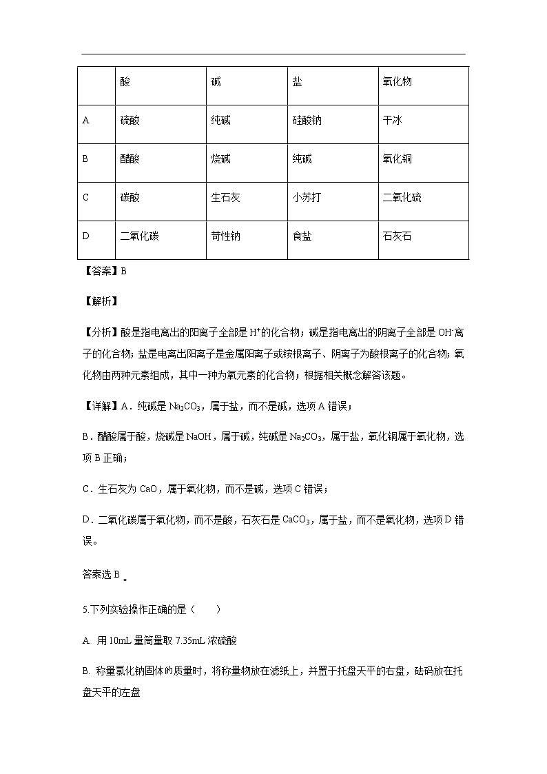 四川省遂宁市第二中学2019-2020学年高一上学期期中考试试题化学（解析版）03