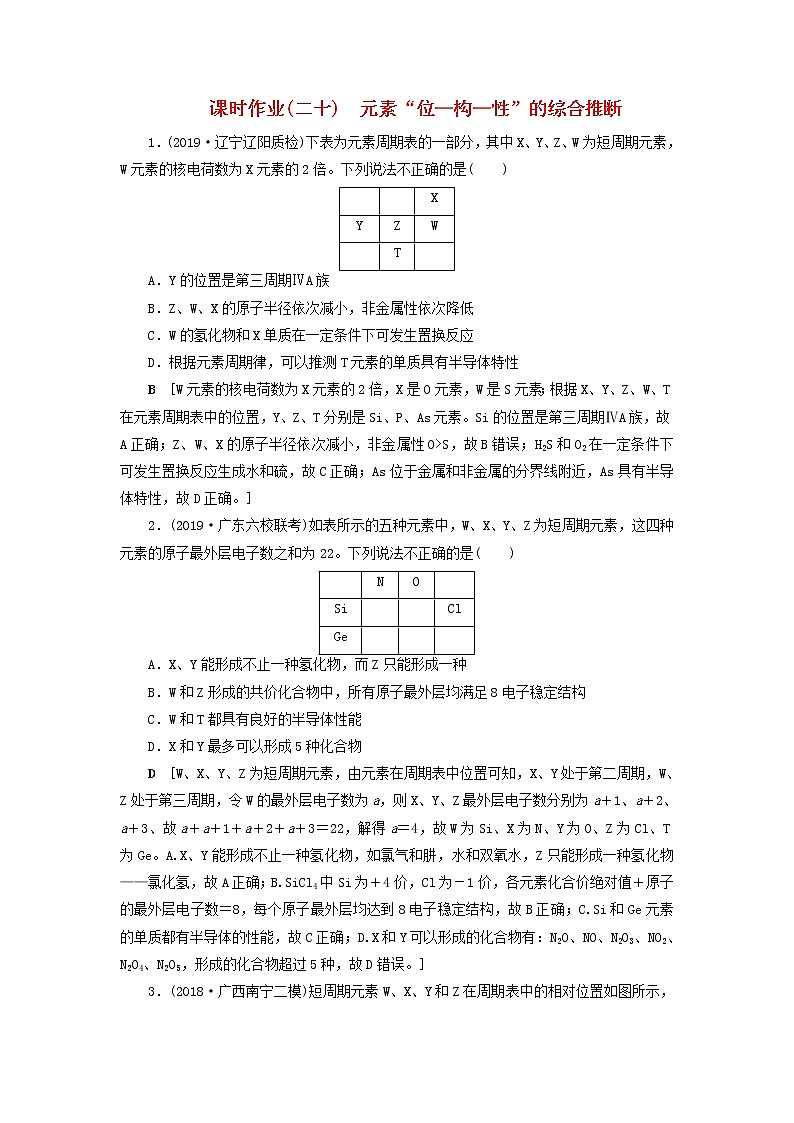 （全国版）2021高考化学一轮复习课时作业20元素“位—构—性”的综合推断（含解析） 练习01