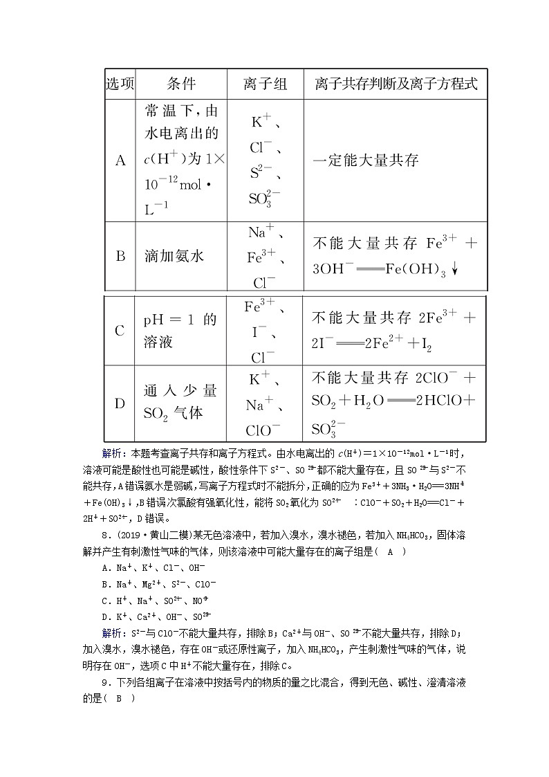 2020高考化学一轮复习第二章化学物质及其变化课时作业5离子共存、离子检验和推断（含解析）03