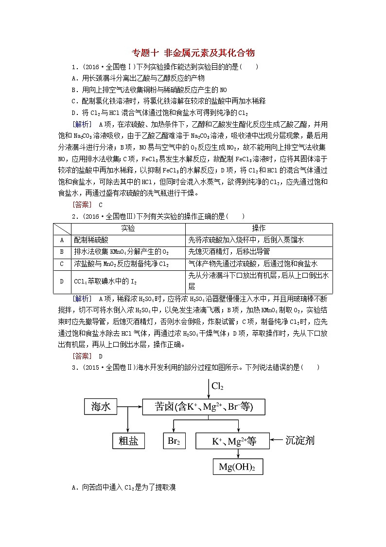 2020版高考化学二轮复习专题十非金属元素及其化合物高考真题（含解析）01