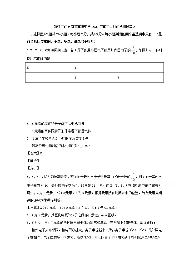 浙江省三门县尚义高级中学2020届高三1月月考化学试题01