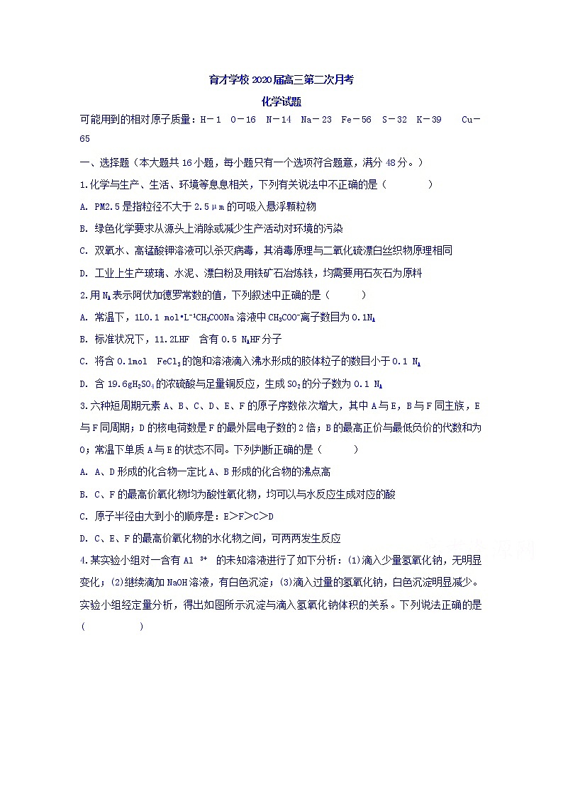 安徽省滁州市定远县育才学校2020届高三上学期月考化学试题01