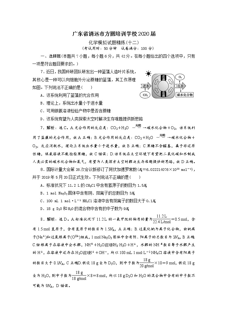 广东省清远市方圆培训学校2020届高三化学模拟试题精练（十二）01
