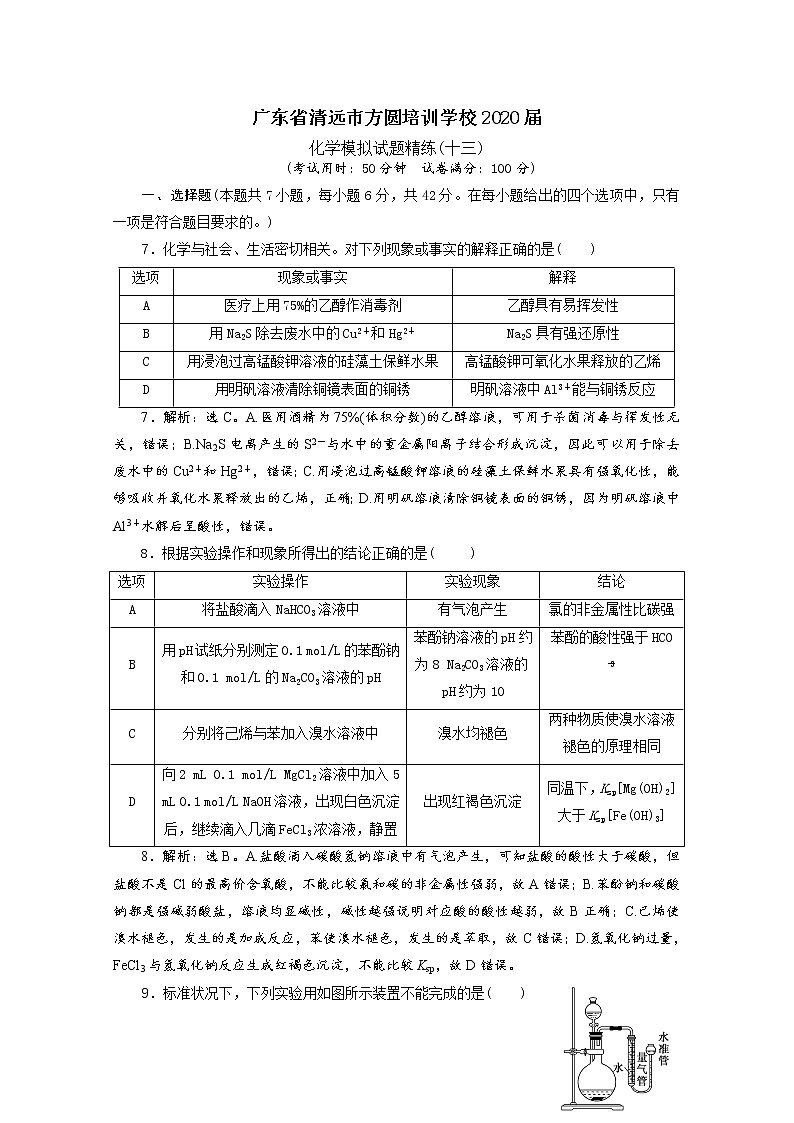 广东省清远市方圆培训学校2020届高三化学模拟试题精练（十三）01